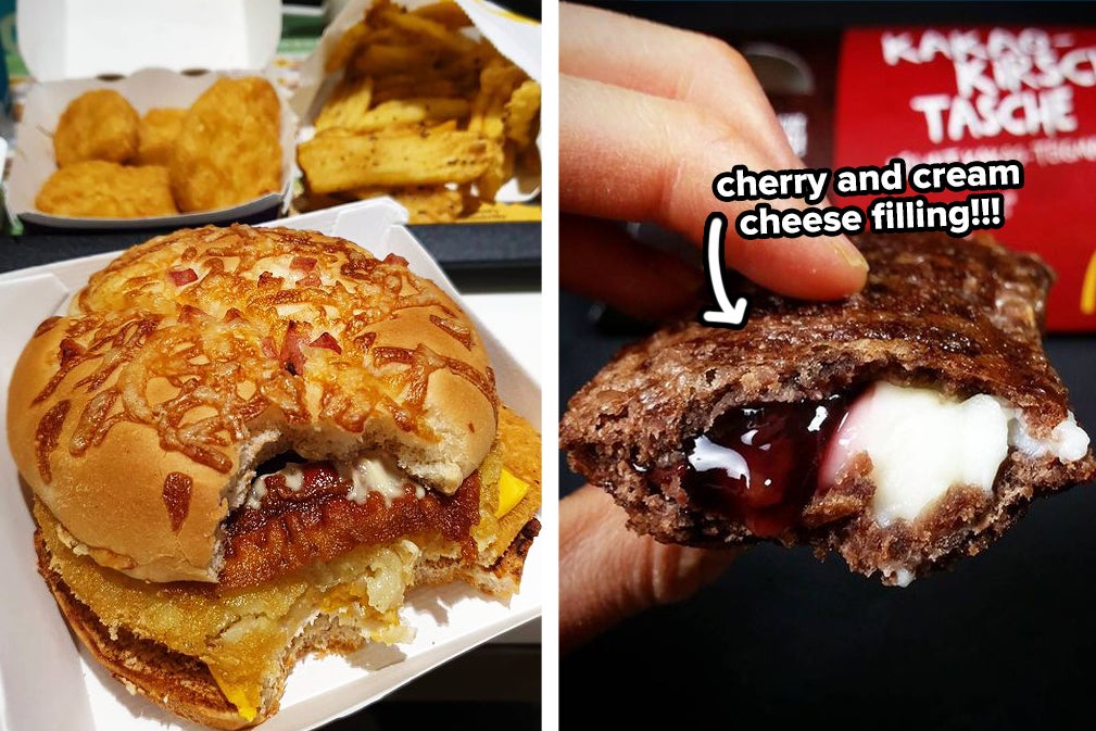 Left: A burger filled with bacon, a hash brown, cheese and sauce; Right: A pie filled with cherry and cream cheese filling