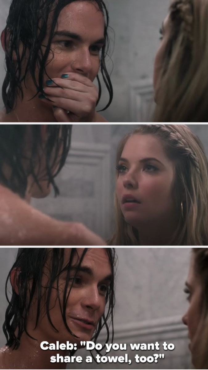 Hanna covers Caleb&#x27;s mouth in the shower then looks at him and he asks if she wants to share a towel, too