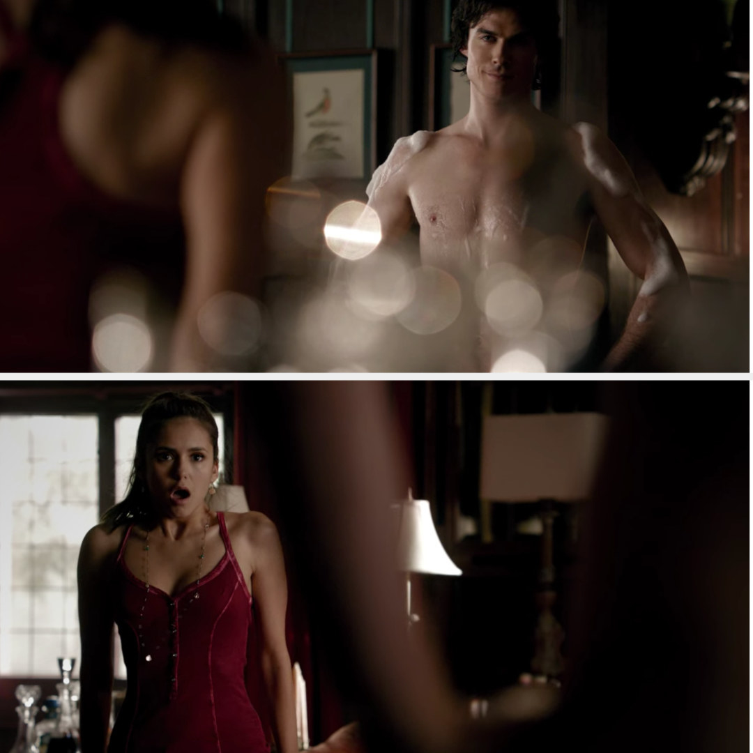 Damon stands proudly naked covered in bubbles and Elena looks shocked