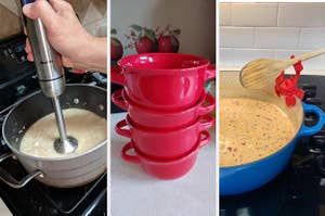 三个面板显示一只手用浸没式搅拌机在一个锅里混合白色浓稠液体，一堆四个红色汤罐和一个锅边上放着一个红色蟹勺架