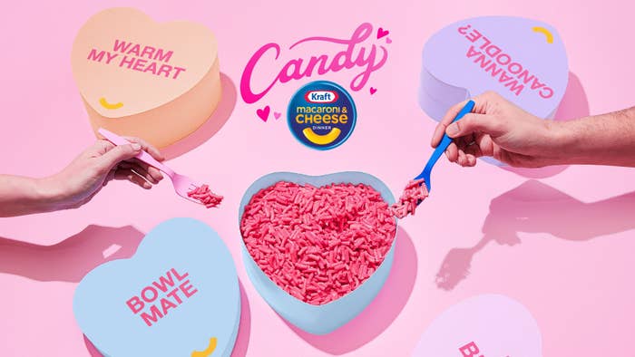 Another promo for the pink Kraft mac and cheese, featuring the mac and cheese in a candy heart-shaped box as a bowl