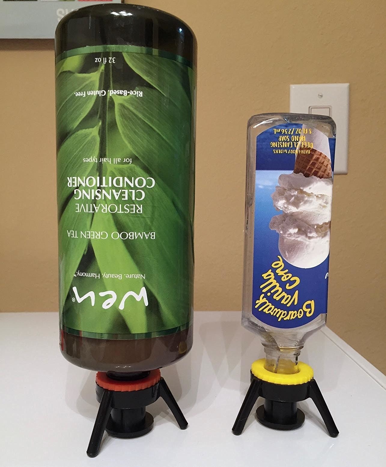 reviewer photo showing the Flip-It in use emptying a bottle of conditioner and a condiment