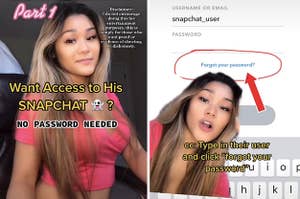 A TikTok that says "Want access to his Snapchat?"