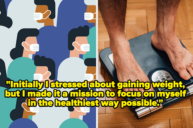 An illustration of a crowd of people wearing face masks; a man weighing himself on a scale