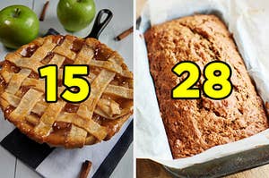 On the left, an apple pie labeled "15," and on the right, zucchini bread labeled "28"