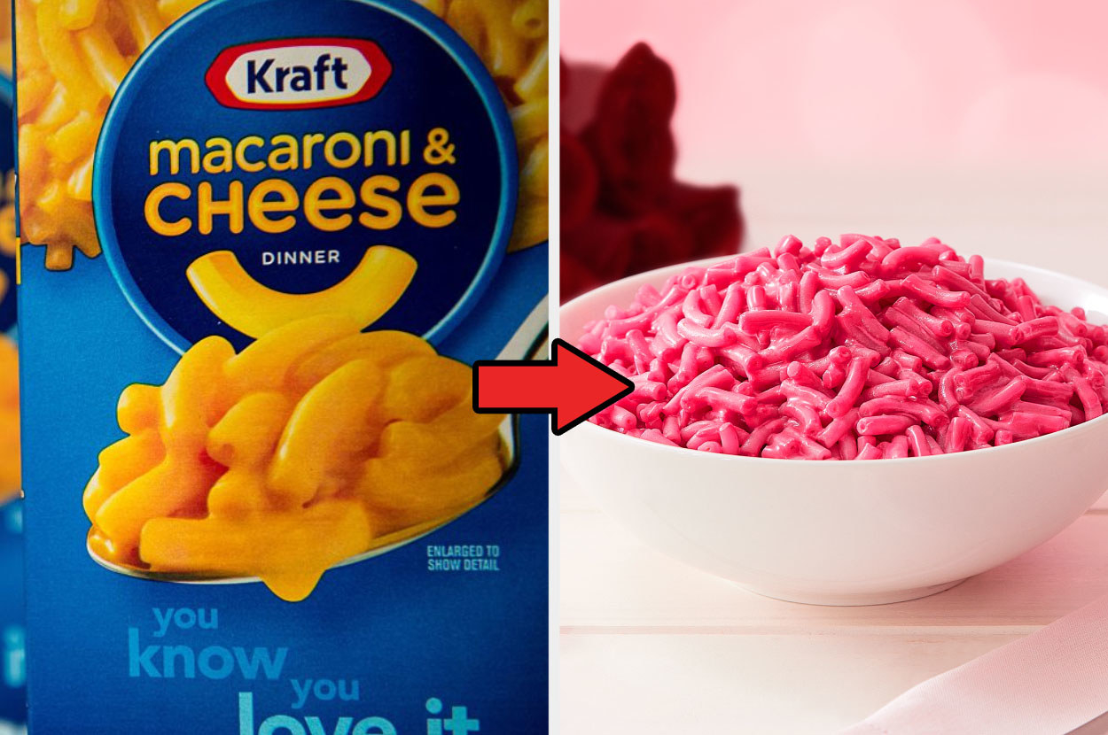 A box of original Kraft Macaroni and Cheese next to a bowl of the pink limited-edition flavor