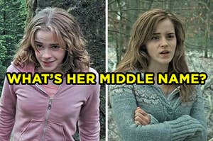 On the left, Hermione looking ahead and raising her eyebrows in amusement, and on the right, Hermione crossing her arms over her chest labeled "What's her middle name?"
