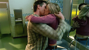 Logan and Veronica making out against bathroom sink