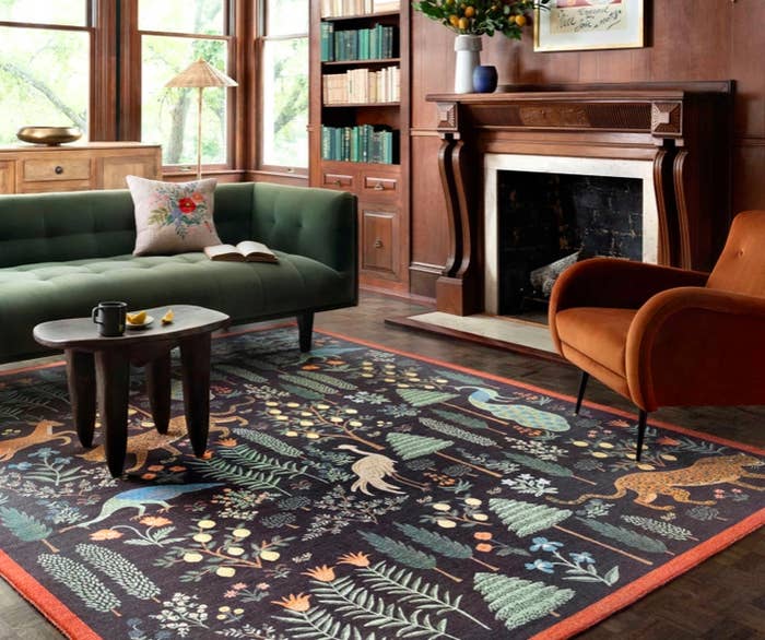 rug with trees, plants, deer, jaguars, peacocks and flowers 