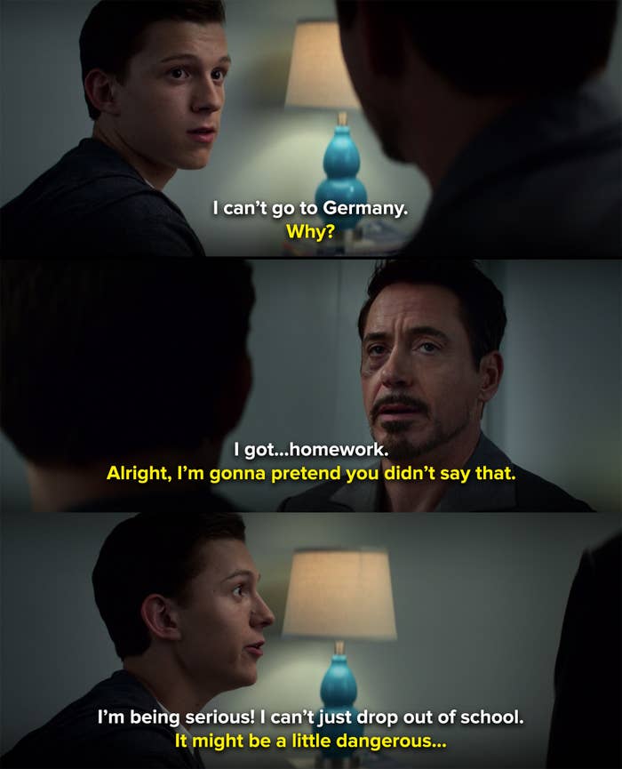 Tony Stark convincing Peter to fight a battle heroes