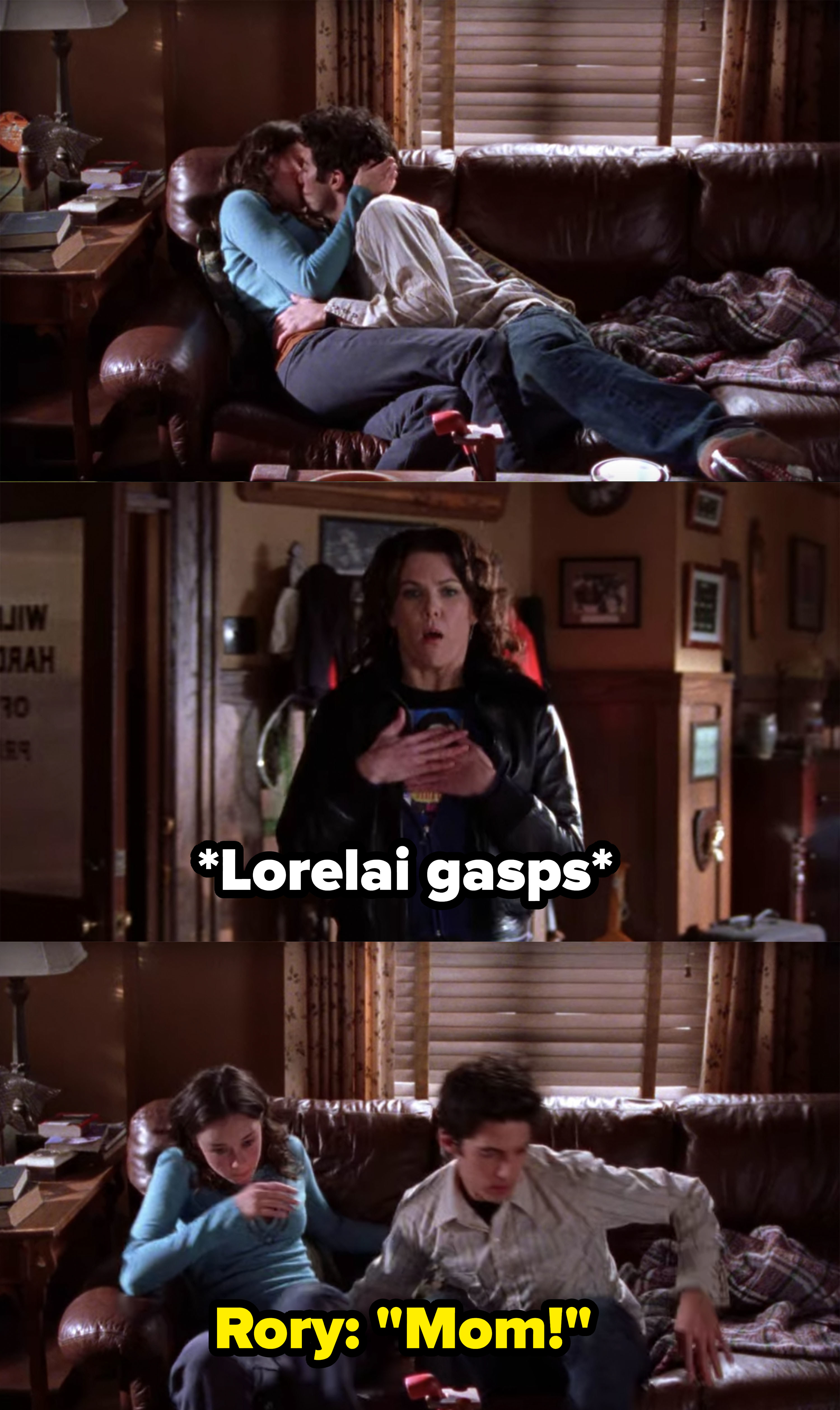 Lorelai walks in on Rory and Jess making out on the couch