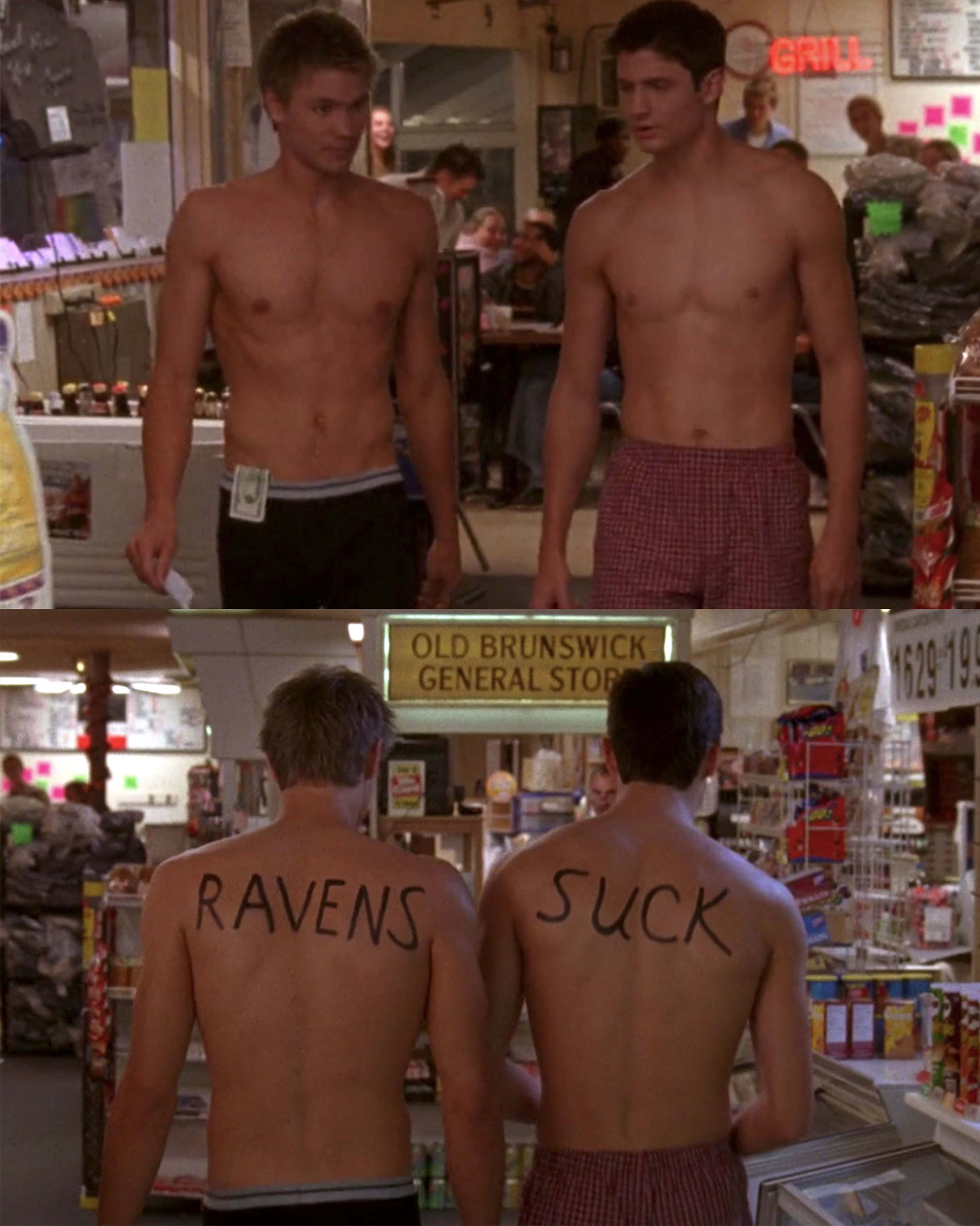 Nathan and Lucas in the convenience store in their boxers