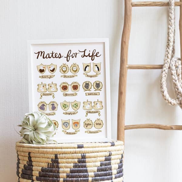 print that says &quot;mates for life&quot; and a bunch of illustrated animals that also mate for life