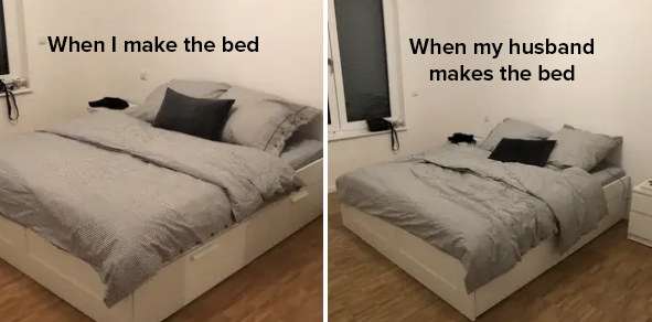 Two photos of same bed made well and made badly