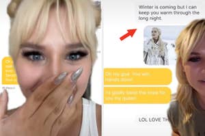 A surprised TikToker next to her Bumble conversation where she photoshopped her match into a "Game of Thrones" scene