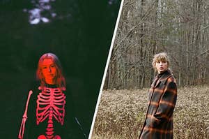 Phoebe Bridgers in the dark wearing a skeleton suit next to Taylor Swift in the woods on a cloudy day in a fall jacket