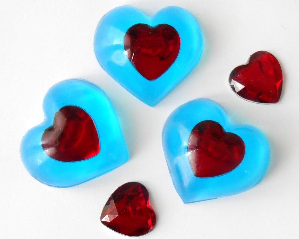 blue heart soap with red hearts in the center