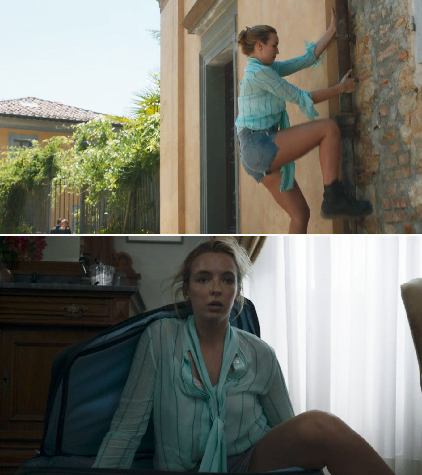 Villanelle scaling a wall and then popping out of a suitcase 