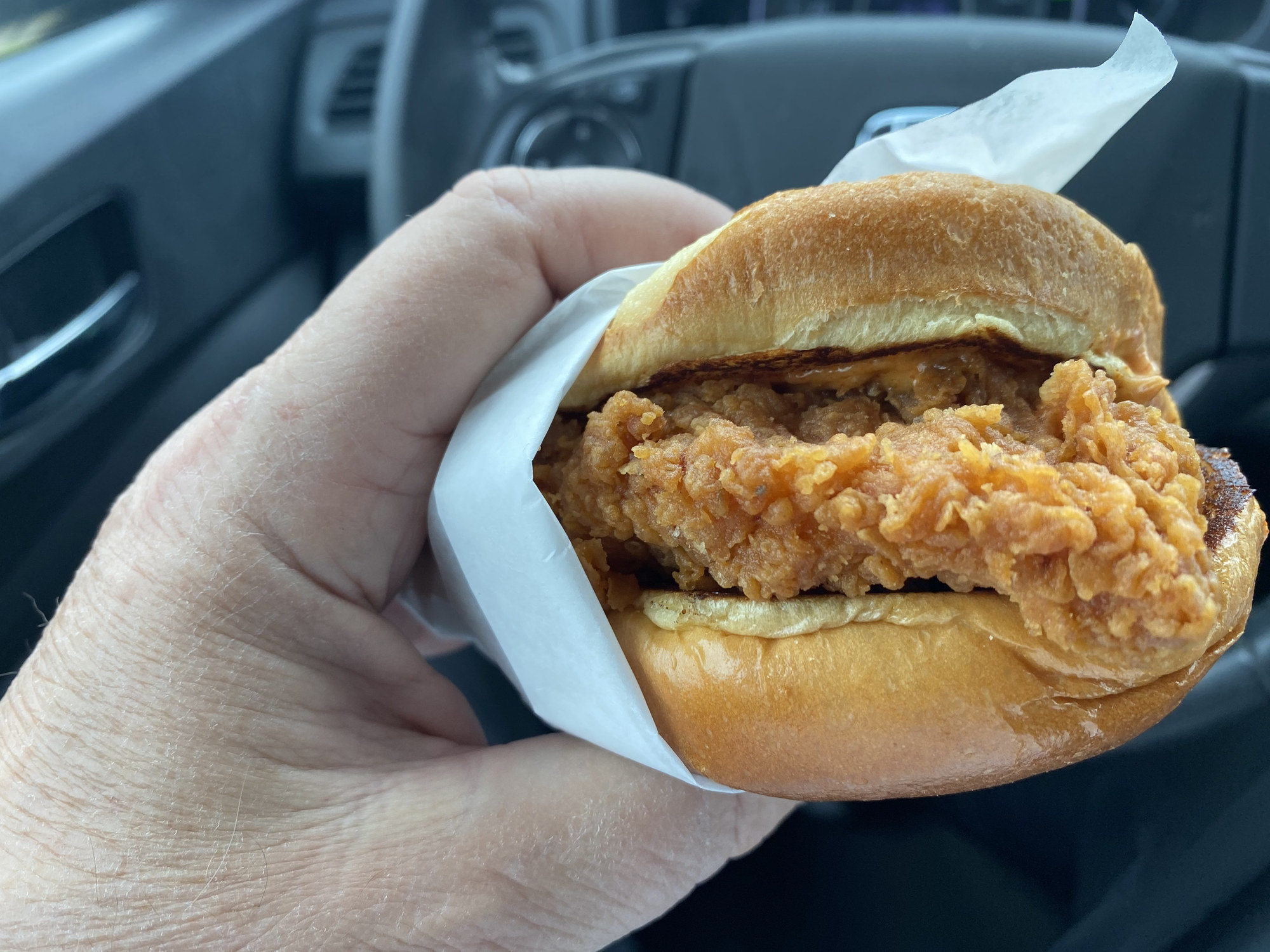 Hand holding a chicken sandwich