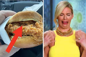 A chicken sandwich next to a disgusted woman