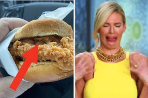 A chicken sandwich next to a disgusted woman