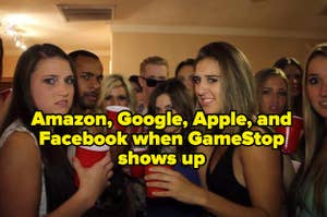 A party full of people looking disgusted with the text "Amazon, Google, Apple, and Facebook when GameStop shows up