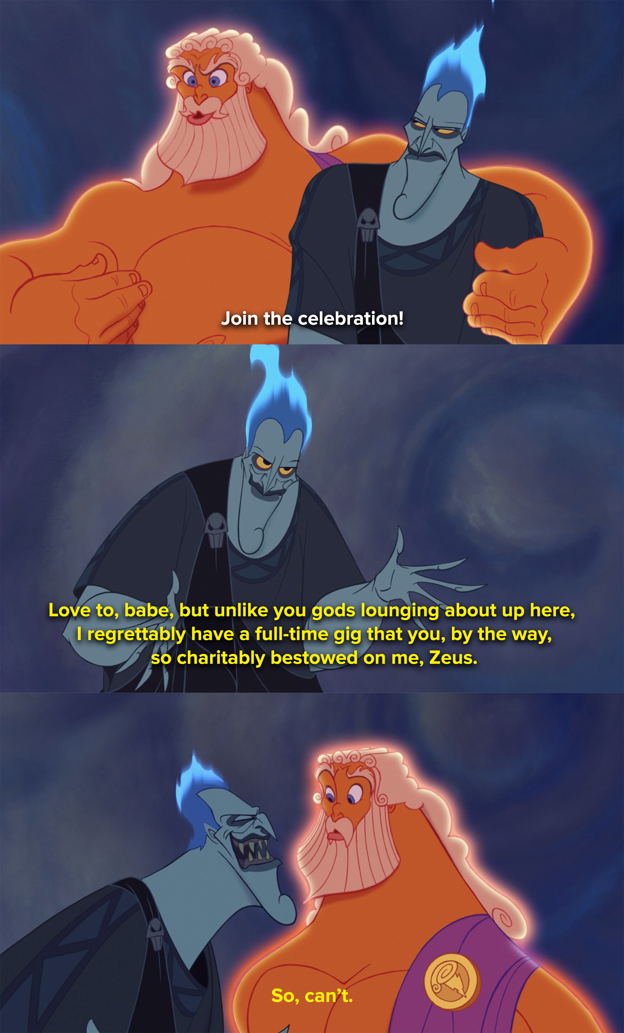 Hades reminds Zeus that he can't stay for the celebration of Hercules's birth because he's the only god with a real job to do