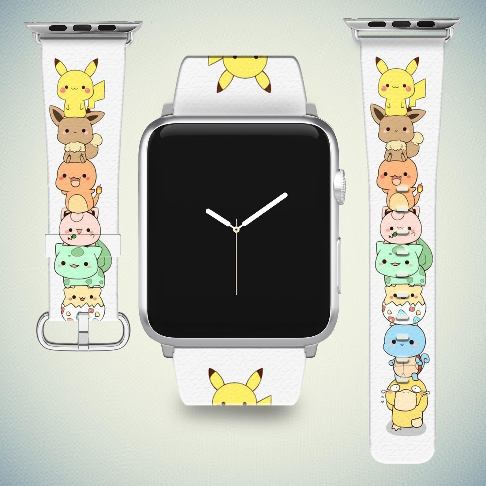 a white watch band with a stack of cute pokemon standing on top of each other