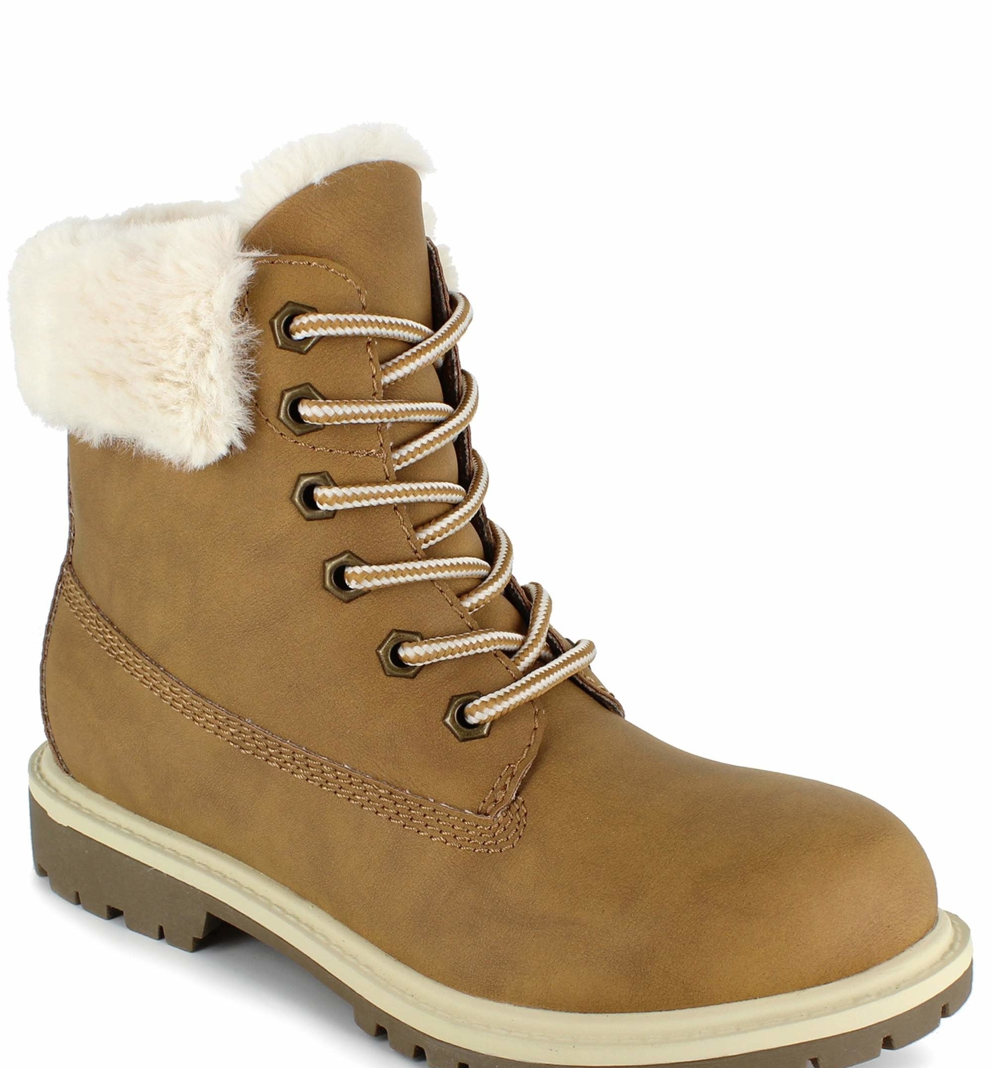 one wheat-colored faux fur trimmed lace-up boots