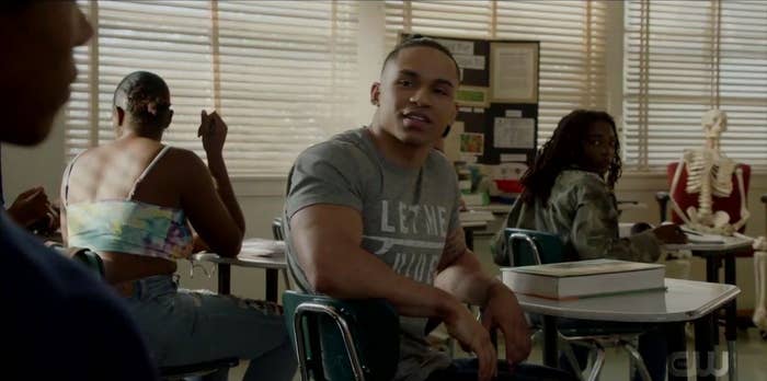 A still of Noah Gray-Cabey sitting in a classroom in &quot;All American&quot;