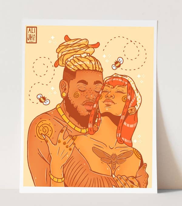 illustration of Black couple holding each other in an orange red color palette