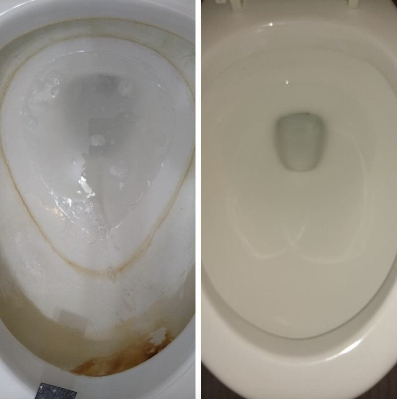 on the left, a reviewer&#x27;s toilet bowl looking dirty and on the right, the same toilet bowl now clean