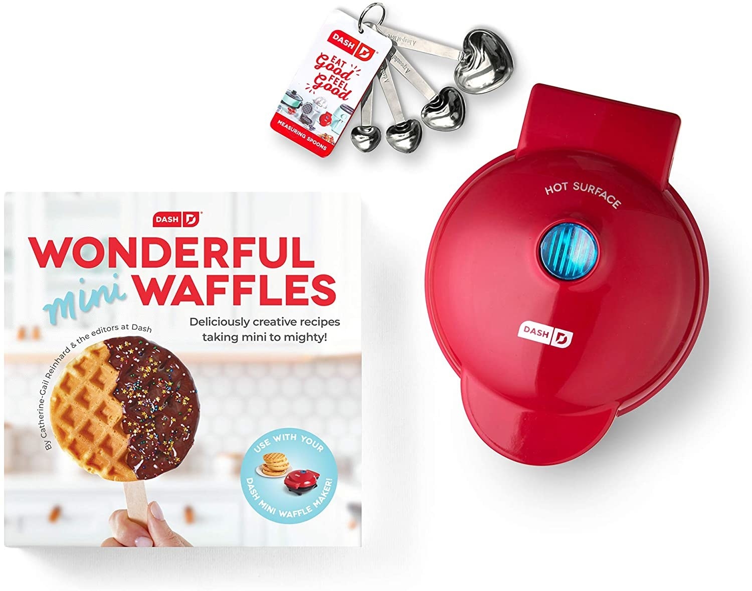 small waffle maker with a waffle cookbook, measuring spoons