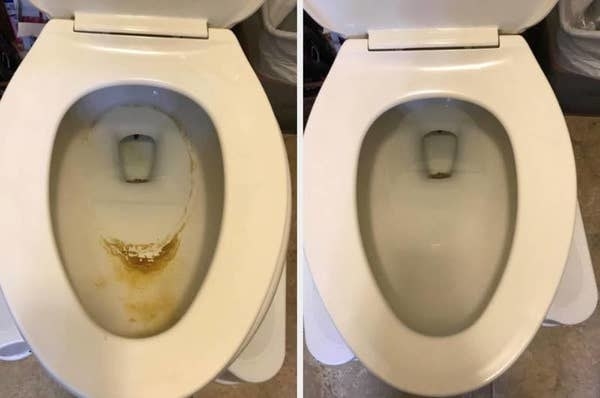 on the left, the inside of a reviewer&#x27;s toilet looking dirty, and on the right, the same toilet now looking clean