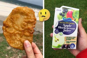 Left: A hand holding a deep friend and battered potato; Right: A hand holding a juice box