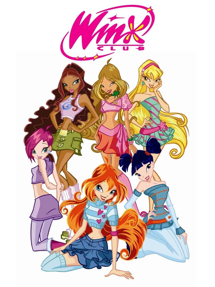 A picture of the Winx Club cartoon characters; from left to right: Tecna, Aisha, Flora, Stella, Bloom and Musa