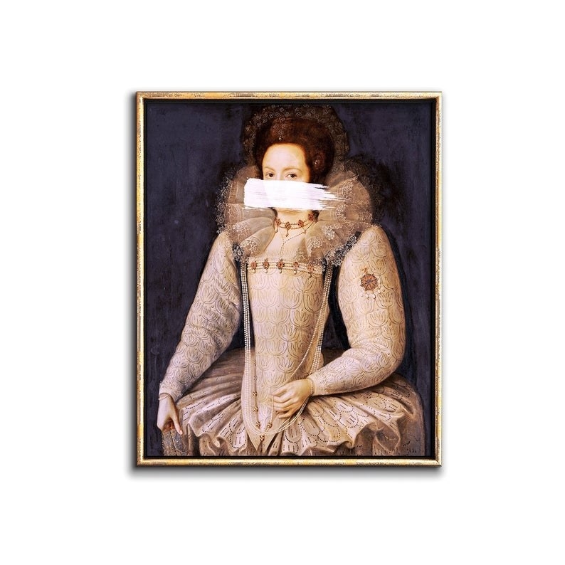 An altered picture of a European aristocrat features a streak of white paint across her lower face