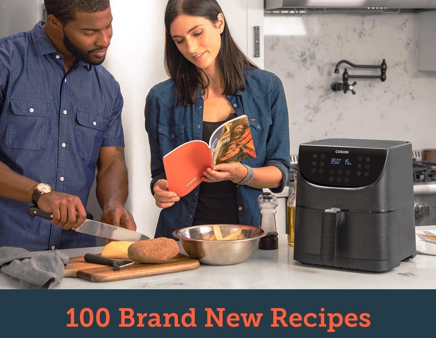 Two people cooking next to the air fryer