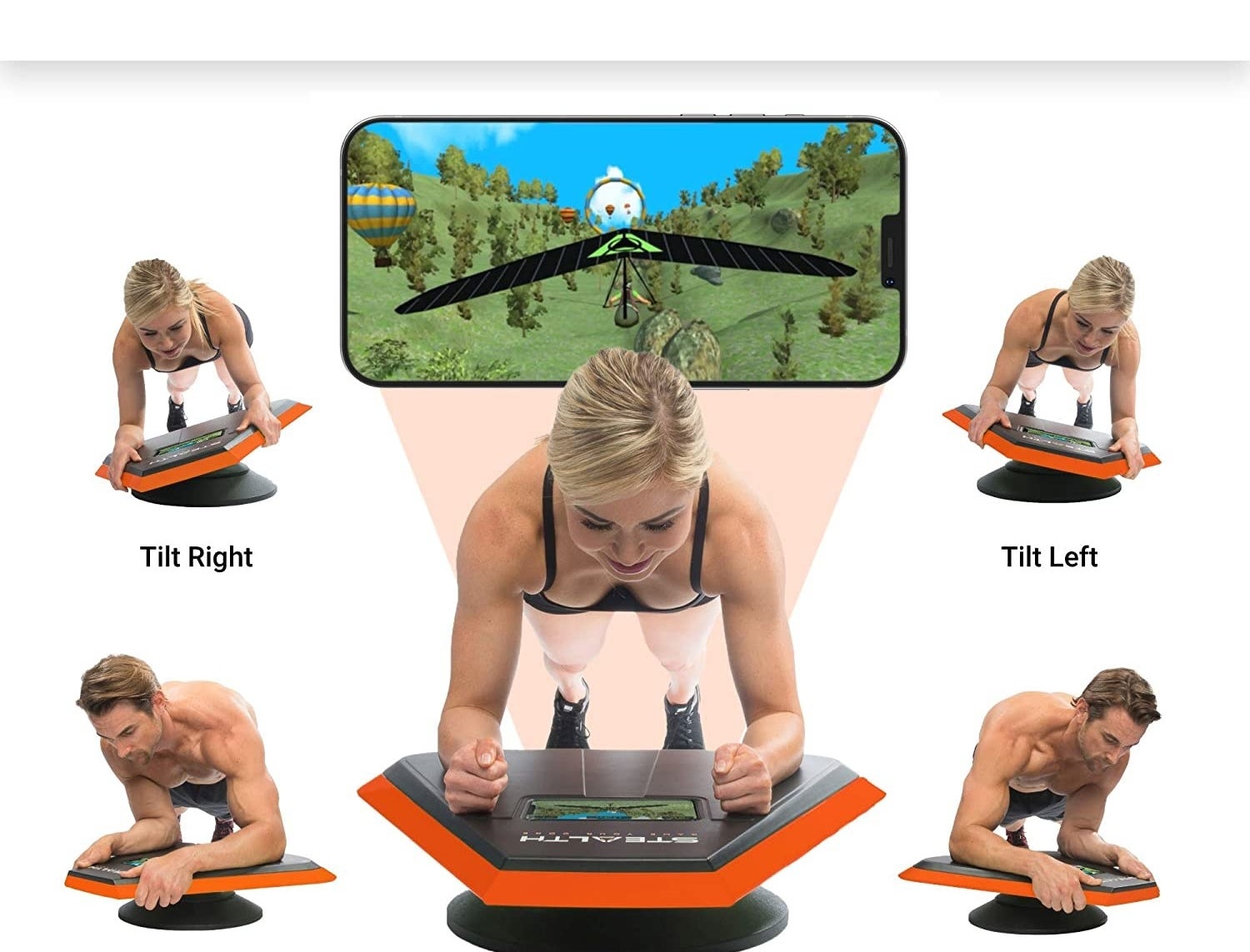 Models showing how you tilt and twist on the trainer following the game on a smartphone