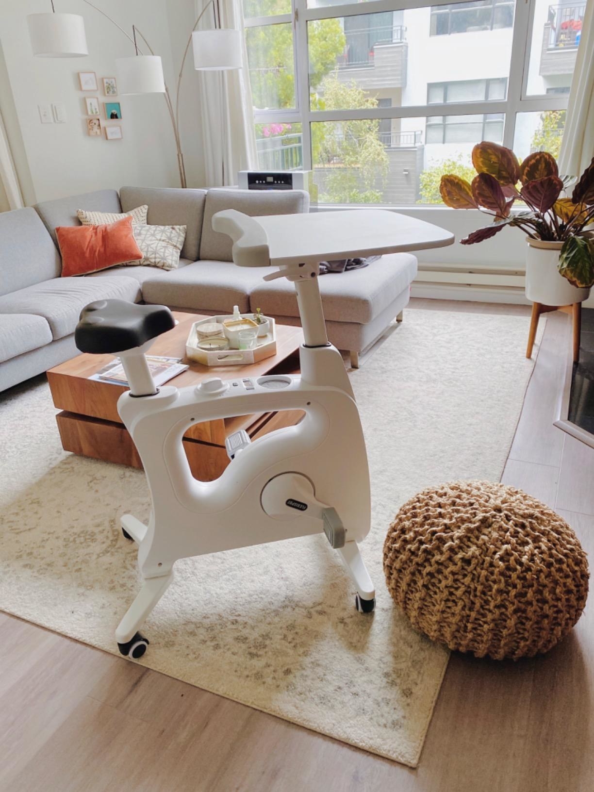 A reviewer&#x27;s photo of the white stationary desk bike