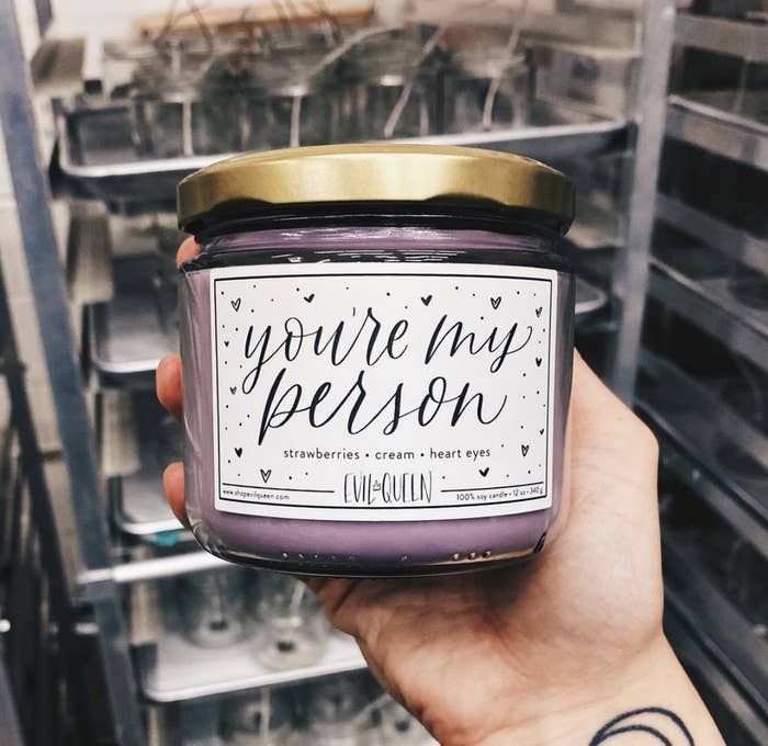 A &quot;you&#x27;re my person&quot; labeled purple candle 