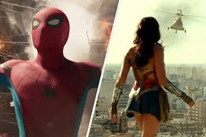 Spider-Man from Spider-Man homecoming on the left and wonder woman from wonder woman 1984 on the right