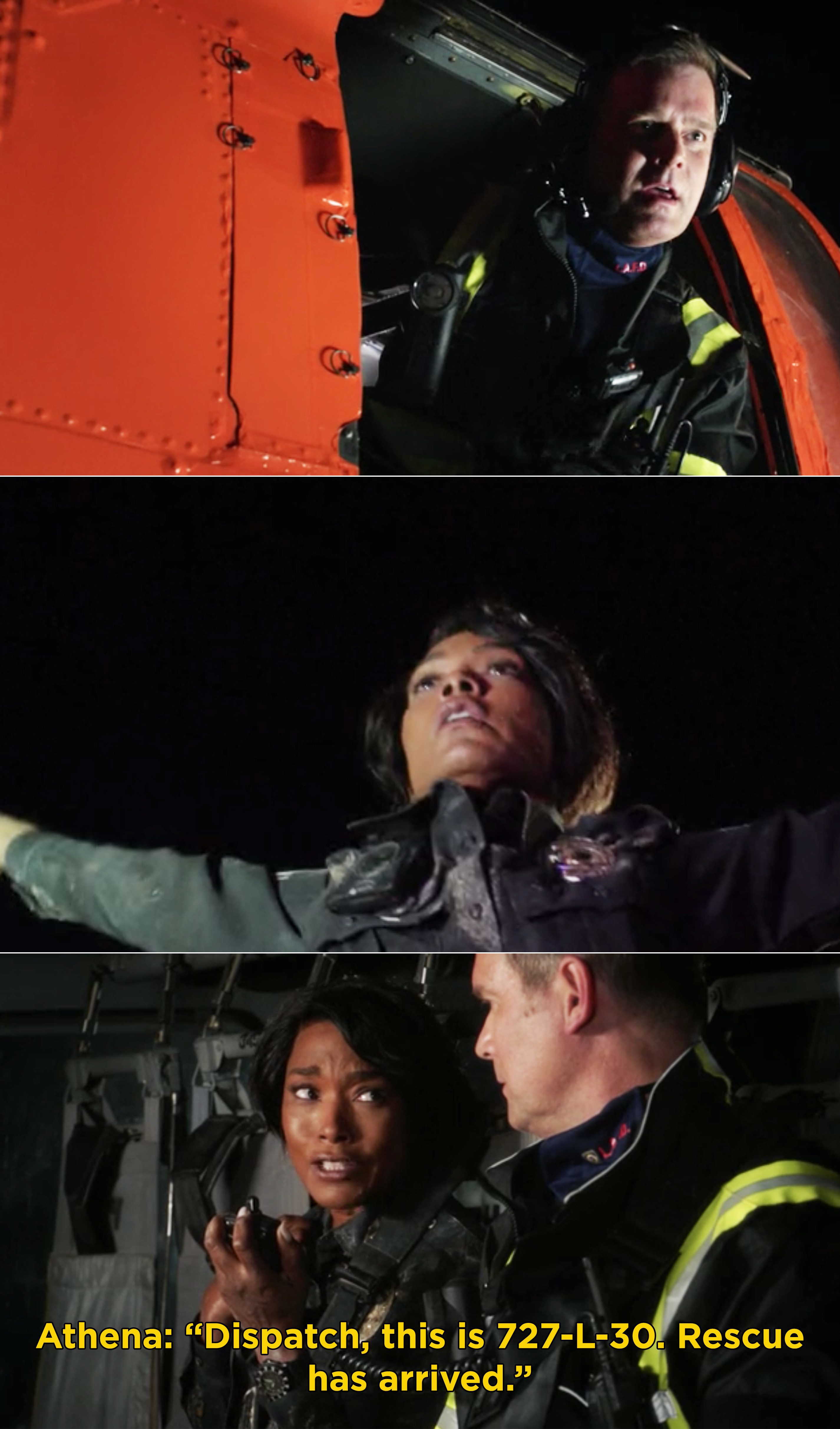 Bobby finding Athena while riding a helicopter and Athena radioing in saying, &quot;Dispatch, this is 727-L-30. Rescue has arrived&quot;