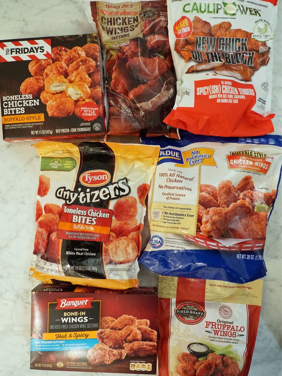 Seven different brands of frozen store-bought wings.