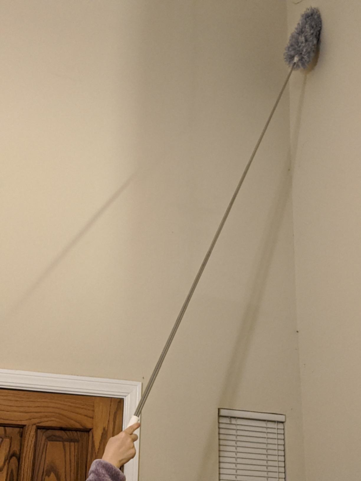 reviewer image of a customer dusting their ceiling with the microfiber duster with extension pole