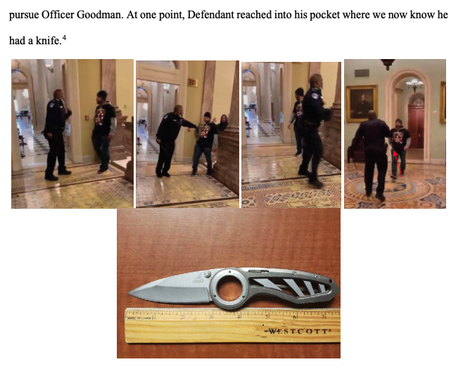 Images in a court document show Jensen approaching Officer Goodman, Goodman pushing him back, and his knife with a three-inch blade next to a ruler