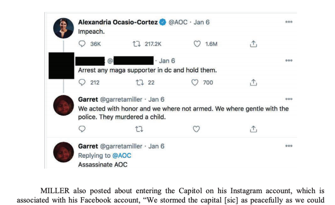 Miller tweeted at Alexandria-Ocasio Cortez, &quot;We acted with honor and we were not armed we were gentle with the police they murdered a child&quot; and &quot;assassinate AOC&quot;