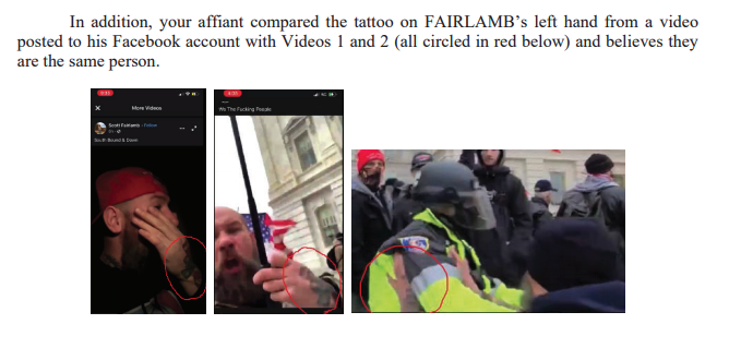 A court document says the FBI compared photos of a tattoo on Fairlamb&#x27;s left hand on social media and in Capitol riot coverage to identify him