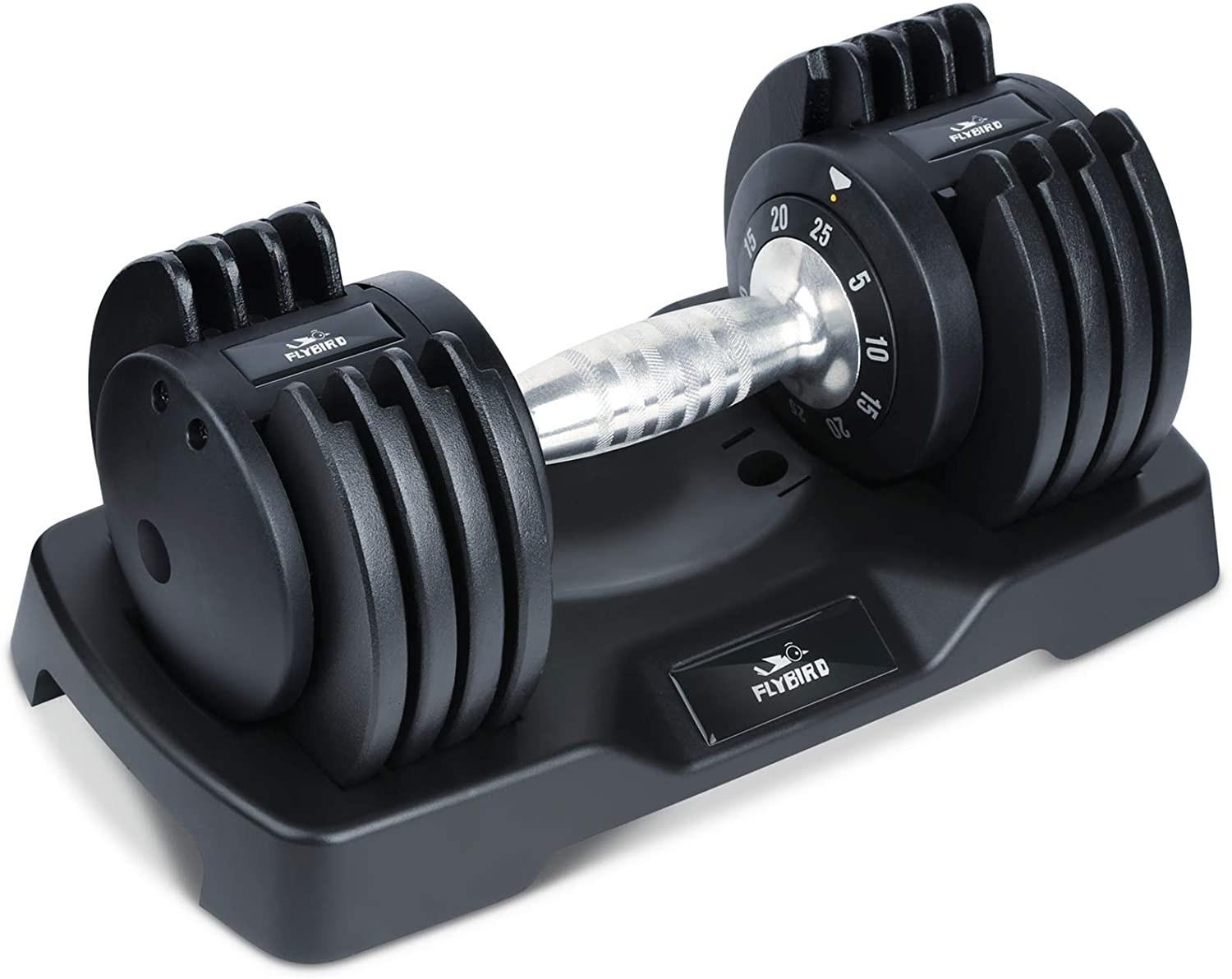 The adjustable dumbbell sitting on its included holder