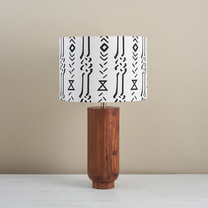 wood lamp base with drum lampshade in white and black African pattern
